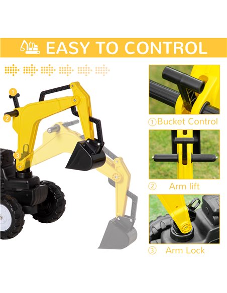 HOMCOM Ride-on Toy Pedal Digger Pretend Play Construction Car with Horn for Kids & Toodler, Yellow - pic 18301 | FastDaddyshop