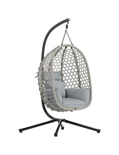 Outsunny Hanging Egg Chair, Indoor Outdoor Rattan Hammock Swing Chair with Stand, Safety Strap, Foldable Basket, Light Grey