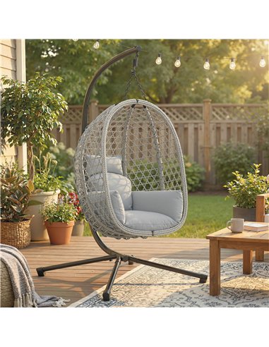 Outsunny Hanging Egg Chair, Indoor Outdoor Rattan Hammock Swing Chair with Stand, Safety Strap, Foldable Basket, Light Grey
