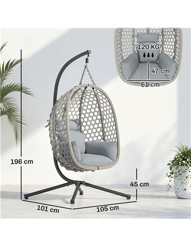 Outsunny Hanging Egg Chair, Indoor Outdoor Rattan Hammock Swing Chair with Stand, Safety Strap, Foldable Basket, Light Grey