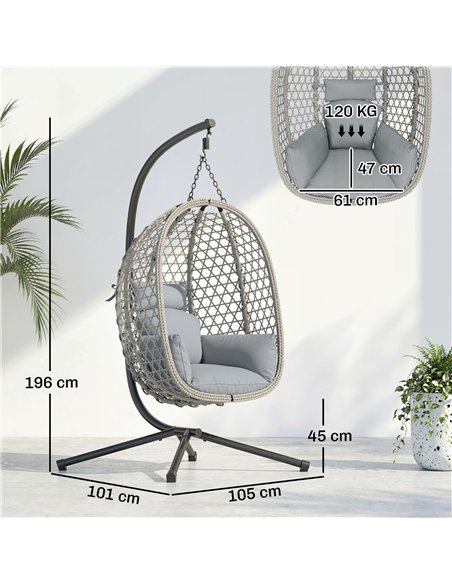 Outsunny Hanging Egg Chair, Indoor Outdoor Rattan Hammock Swing Chair with Stand, Safety Strap, Foldable Basket, Light Grey - pic 183013 | FastDaddyshop