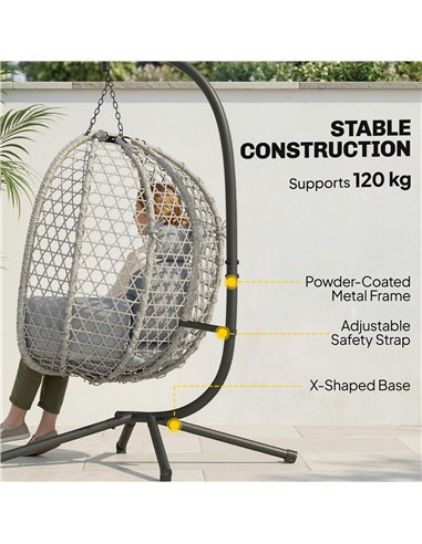 Outsunny Hanging Egg Chair, Indoor Outdoor Rattan Hammock Swing Chair with Stand, Safety Strap, Foldable Basket, Light Grey