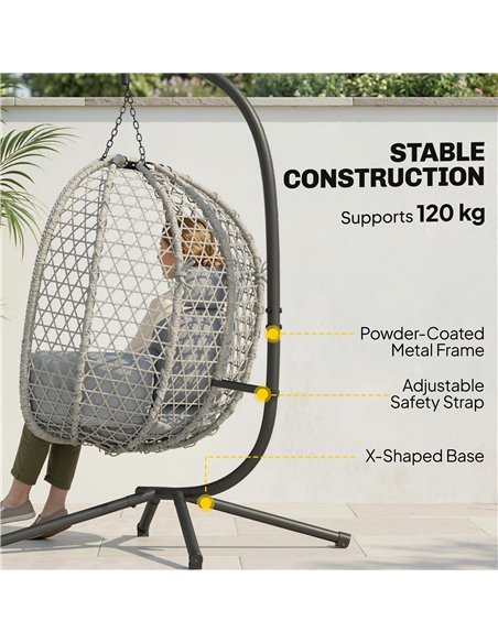 Outsunny Hanging Egg Chair, Indoor Outdoor Rattan Hammock Swing Chair with Stand, Safety Strap, Foldable Basket, Light Grey - pic 183014 | FastDaddyshop