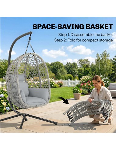 Outsunny Hanging Egg Chair, Indoor Outdoor Rattan Hammock Swing Chair with Stand, Safety Strap, Foldable Basket, Light Grey