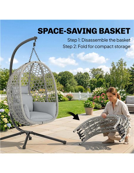 Outsunny Hanging Egg Chair, Indoor Outdoor Rattan Hammock Swing Chair with Stand, Safety Strap, Foldable Basket, Light Grey - pic 183015 | FastDaddyshop