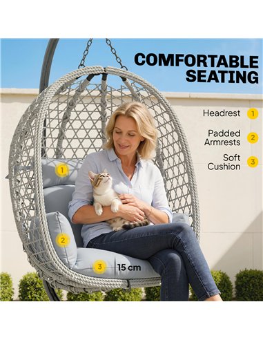 Outsunny Hanging Egg Chair, Indoor Outdoor Rattan Hammock Swing Chair with Stand, Safety Strap, Foldable Basket, Light Grey