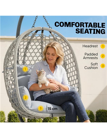 Outsunny Hanging Egg Chair, Indoor Outdoor Rattan Hammock Swing Chair with Stand, Safety Strap, Foldable Basket, Light Grey - pic 183016 | FastDaddyshop