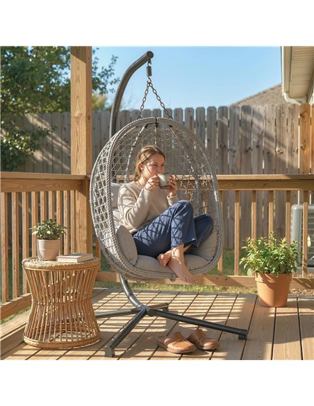 Outsunny Hanging Egg Chair, Indoor Outdoor Rattan Hammock Swing Chair with Stand, Safety Strap, Foldable Basket, Light Grey - pic 183018 | FastDaddyshop