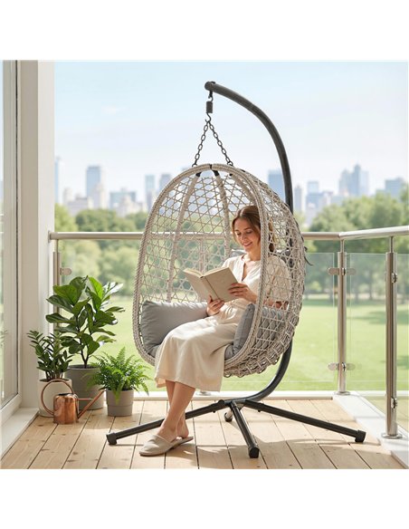 Outsunny Hanging Egg Chair, Indoor Outdoor Rattan Hammock Swing Chair with Stand, Safety Strap, Foldable Basket, Light Grey - pic 183019 | FastDaddyshop