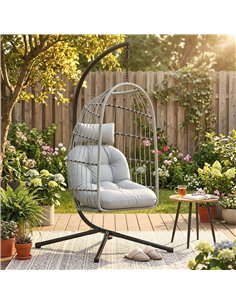 Outsunny Hanging Egg Chair, Indoor Outdoor Hammock Swing Chair with Stand, Safety Strap, Foldable Basket, Light Grey 2