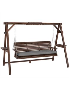 Outsunny 3 Seater Garden Swing Seat, Wooden Swing Chair Bench with Cushion, Side Trays and Metal Chains, for Outdoor Porch Patio