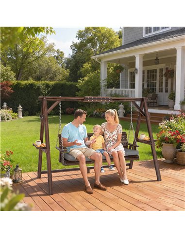 Outsunny 3 Seater Garden Swing Seat, Wooden Swing Chair Bench with Cushion, Side Trays and Metal Chains, for Outdoor Porch Patio