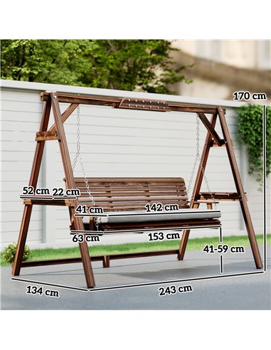 Outsunny 3 Seater Garden Swing Seat, Wooden Swing Chair Bench with Cushion, Side Trays and Metal Chains, for Outdoor Porch Patio