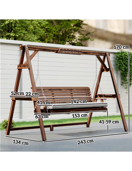 Outsunny 3 Seater Garden Swing Seat, Wooden Swing Chair Bench with Cushion, Side Trays and Metal Chains, for Outdoor Porch Patio - pic 183031 | FastDaddyshop