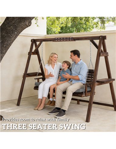 Outsunny 3 Seater Garden Swing Seat, Wooden Swing Chair Bench with Cushion, Side Trays and Metal Chains, for Outdoor Porch Patio