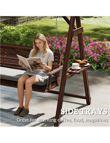 Outsunny 3 Seater Garden Swing Seat, Wooden Swing Chair Bench with Cushion, Side Trays and Metal Chains, for Outdoor Porch Patio