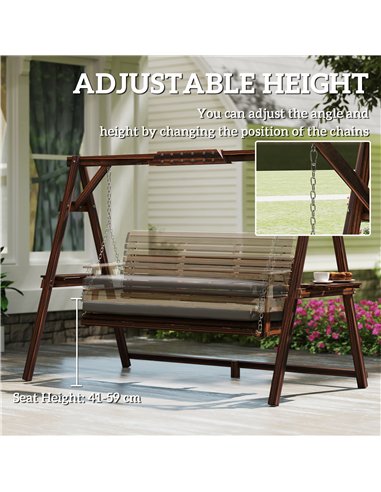 Outsunny 3 Seater Garden Swing Seat, Wooden Swing Chair Bench with Cushion, Side Trays and Metal Chains, for Outdoor Porch Patio