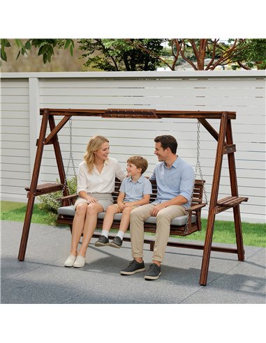 Outsunny 3 Seater Garden Swing Seat, Wooden Swing Chair Bench with Cushion, Side Trays and Metal Chains, for Outdoor Porch Patio
