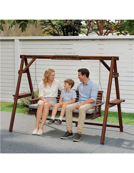 Outsunny 3 Seater Garden Swing Seat, Wooden Swing Chair Bench with Cushion, Side Trays and Metal Chains, for Outdoor Porch Patio - pic 183036 | FastDaddyshop