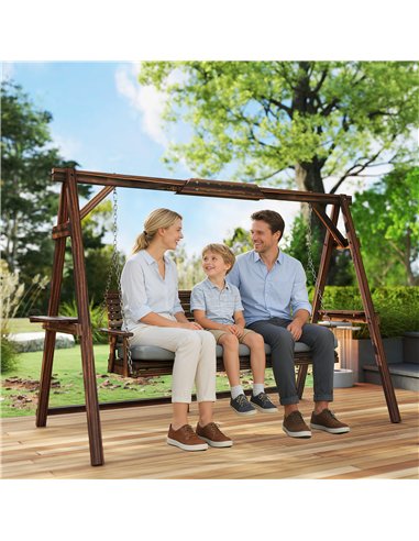 Outsunny 3 Seater Garden Swing Seat, Wooden Swing Chair Bench with Cushion, Side Trays and Metal Chains, for Outdoor Porch Patio