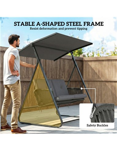 Outsunny 2-Seater Rattan Swing Chair, Outdoor Garden Hanging Swing Seat with Stand, Adjustable Canopy and Soft Cushions