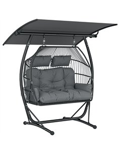 Outsunny Double Hanging Egg Chair with Canopy, Rattan Garden Egg Swing Chair with Cushion, Stand for Indoor Outdoor, Dark Grey