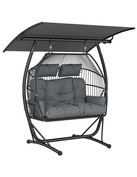 Outsunny Double Hanging Egg Chair with Canopy, Rattan Garden Egg Swing Chair with Cushion, Stand for Indoor Outdoor, Dark Grey - pic 183056 | FastDaddyshop