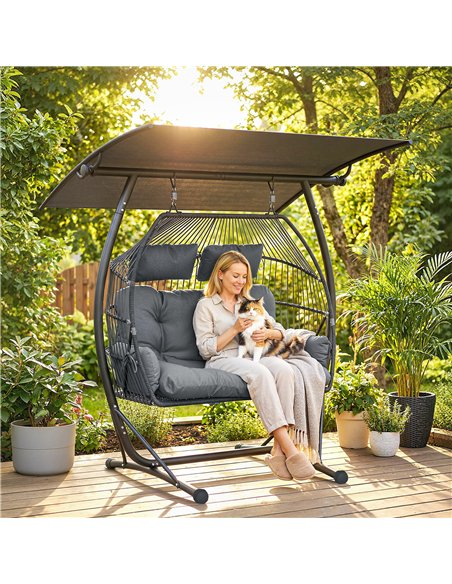 Outsunny Double Hanging Egg Chair with Canopy, Rattan Garden Egg Swing Chair with Cushion, Stand for Indoor Outdoor, Dark Grey - pic 183057 | FastDaddyshop