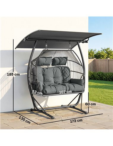 Outsunny Double Hanging Egg Chair with Canopy, Rattan Garden Egg Swing Chair with Cushion, Stand for Indoor Outdoor, Dark Grey