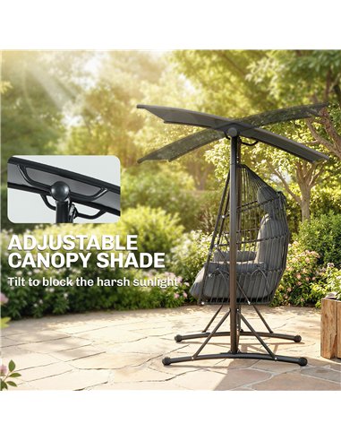 Outsunny Double Hanging Egg Chair with Canopy, Rattan Garden Egg Swing Chair with Cushion, Stand for Indoor Outdoor, Dark Grey