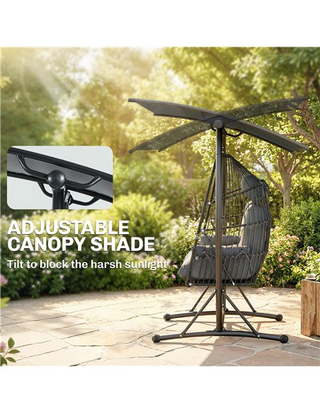Outsunny Double Hanging Egg Chair with Canopy, Rattan Garden Egg Swing Chair with Cushion, Stand for Indoor Outdoor, Dark Grey - pic 183059 | FastDaddyshop