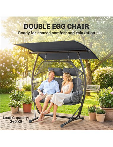 Outsunny Double Hanging Egg Chair with Canopy, Rattan Garden Egg Swing Chair with Cushion, Stand for Indoor Outdoor, Dark Grey