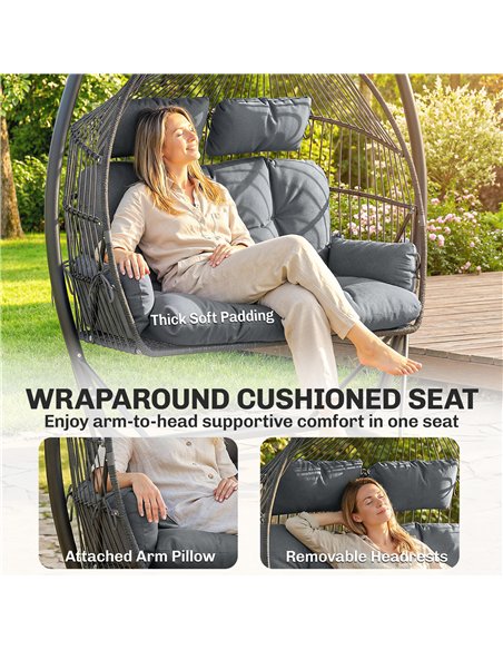 Outsunny Double Hanging Egg Chair with Canopy, Rattan Garden Egg Swing Chair with Cushion, Stand for Indoor Outdoor, Dark Grey - pic 183061 | FastDaddyshop