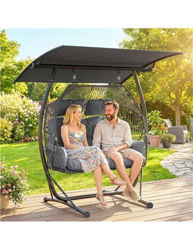 Outsunny Double Hanging Egg Chair with Canopy, Rattan Garden Egg Swing Chair with Cushion, Stand for Indoor Outdoor, Dark Grey
