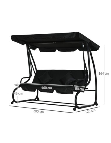 Outsunny Three-Person garden Swing Chair, with Adjustable Canopy - Black