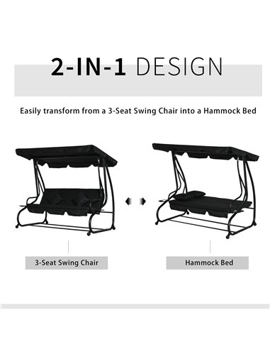 Outsunny Three-Person garden Swing Chair, with Adjustable Canopy - Black