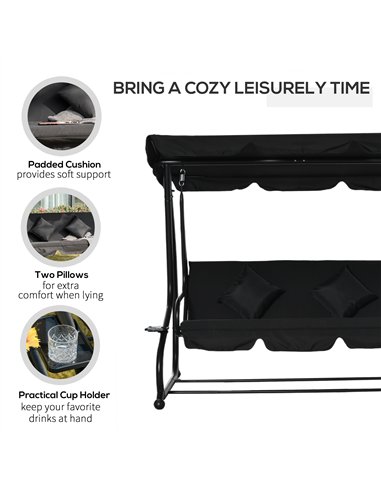 Outsunny Three-Person garden Swing Chair, with Adjustable Canopy - Black