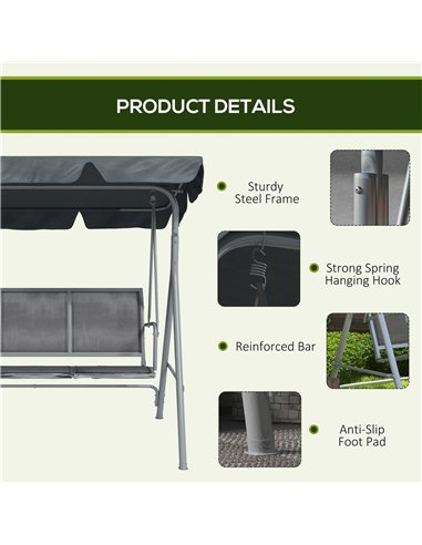 Outsunny 3 Seater Swing Chair, Garden Swing Bench with Adjustable Tilting Canopy, Breathable Mesh Seat and Heavy Duty Metal Fram