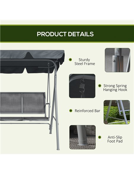 Outsunny 3 Seater Swing Chair, Garden Swing Bench with Adjustable Tilting Canopy, Breathable Mesh Seat and Heavy Duty Metal Fram - pic 183079 | FastDaddyshop