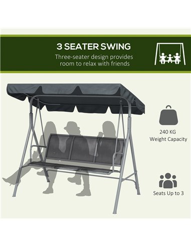 Outsunny 3 Seater Swing Chair, Garden Swing Bench with Adjustable Tilting Canopy, Breathable Mesh Seat and Heavy Duty Metal Fram
