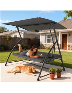 Outsunny Outdoor 2-in-1 Swing Chair Lounger 3 Seater Garden Swing Seat Bed Convertible Tilt Canopy W/ Cushion, Dark Grey 2