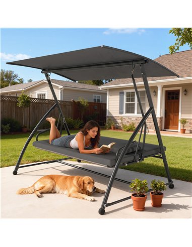 Outsunny Outdoor 2-in-1 Swing Chair Lounger 3 Seater Garden Swing Seat Bed Convertible Tilt Canopy W/ Cushion, Dark Grey