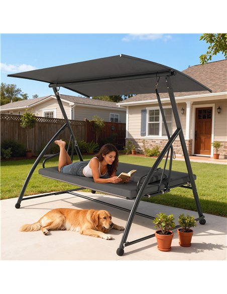 Outsunny Outdoor 2-in-1 Swing Chair Lounger 3 Seater Garden Swing Seat Bed Convertible Tilt Canopy W/ Cushion, Dark Grey - pic 183120 | FastDaddyshop