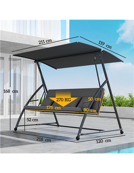 Outsunny Outdoor 2-in-1 Swing Chair Lounger 3 Seater Garden Swing Seat Bed Convertible Tilt Canopy W/ Cushion, Dark Grey - pic 183121 | FastDaddyshop
