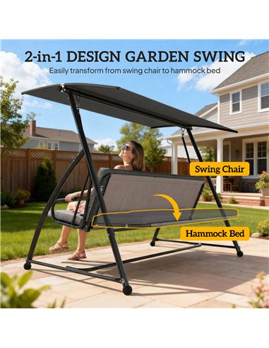 Outsunny Outdoor 2-in-1 Swing Chair Lounger 3 Seater Garden Swing Seat Bed Convertible Tilt Canopy W/ Cushion, Dark Grey