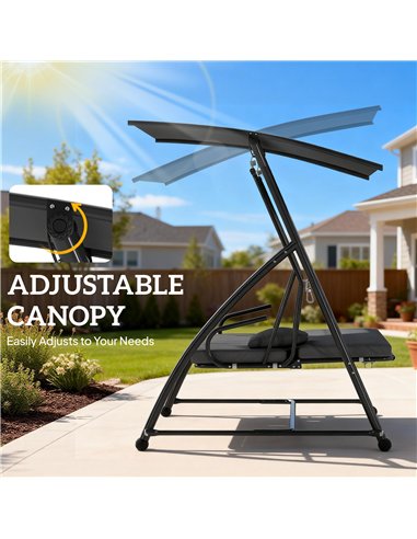 Outsunny Outdoor 2-in-1 Swing Chair Lounger 3 Seater Garden Swing Seat Bed Convertible Tilt Canopy W/ Cushion, Dark Grey