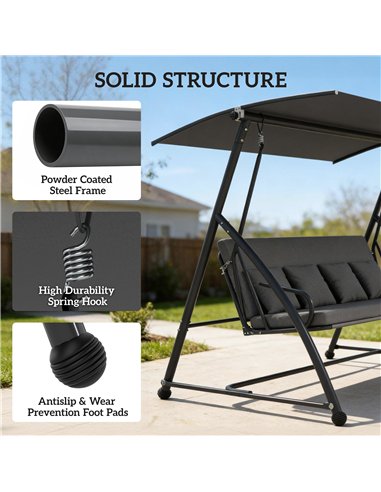 Outsunny Outdoor 2-in-1 Swing Chair Lounger 3 Seater Garden Swing Seat Bed Convertible Tilt Canopy W/ Cushion, Dark Grey