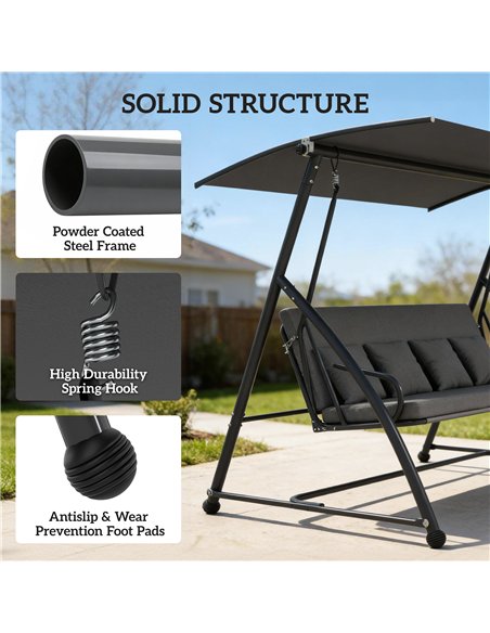 Outsunny Outdoor 2-in-1 Swing Chair Lounger 3 Seater Garden Swing Seat Bed Convertible Tilt Canopy W/ Cushion, Dark Grey - pic 183125 | FastDaddyshop