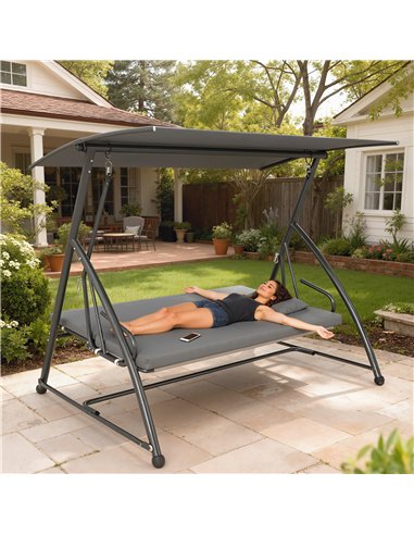 Outsunny Outdoor 2-in-1 Swing Chair Lounger 3 Seater Garden Swing Seat Bed Convertible Tilt Canopy W/ Cushion, Dark Grey