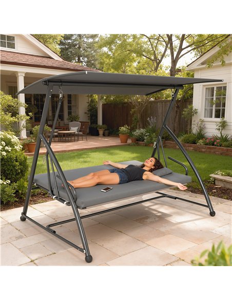 Outsunny Outdoor 2-in-1 Swing Chair Lounger 3 Seater Garden Swing Seat Bed Convertible Tilt Canopy W/ Cushion, Dark Grey - pic 183127 | FastDaddyshop